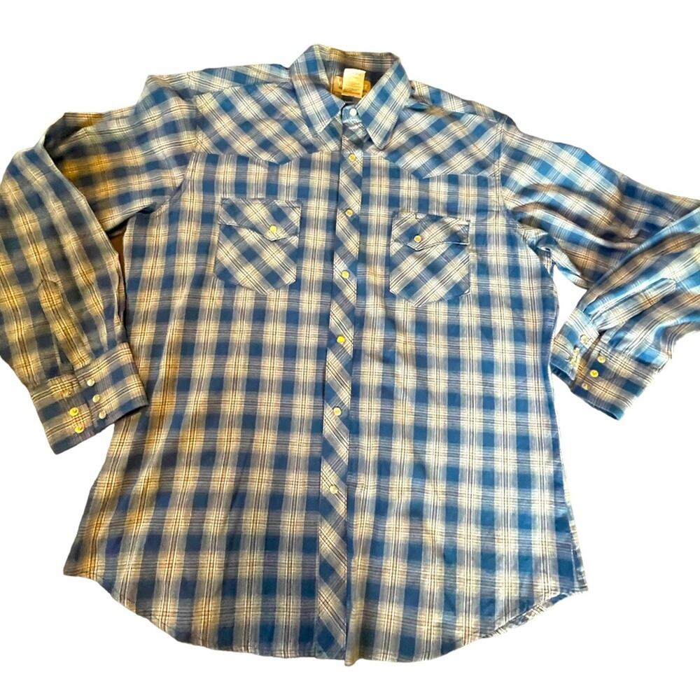 Vintage Wrangler Shirt Mens Large Western Cowboy Plaid Long Sleeves Blue White